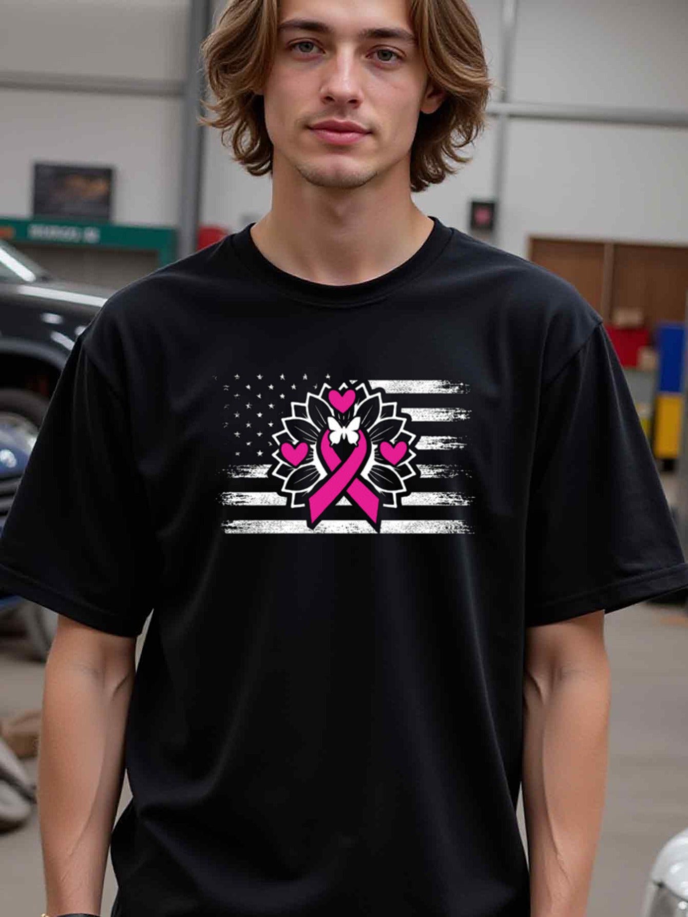 natee local warehouse clearance American Pride Pink Ribbon Breast Cancer Awareness T-shirt, man's T-Shirt,100% Cotton Fabric,Crew Neck,Short Sleeve,Regular Fit,All-Season Casual Wear,180gsm-Ideal for Valentines Christian festival Thanksgiving Day, 男t