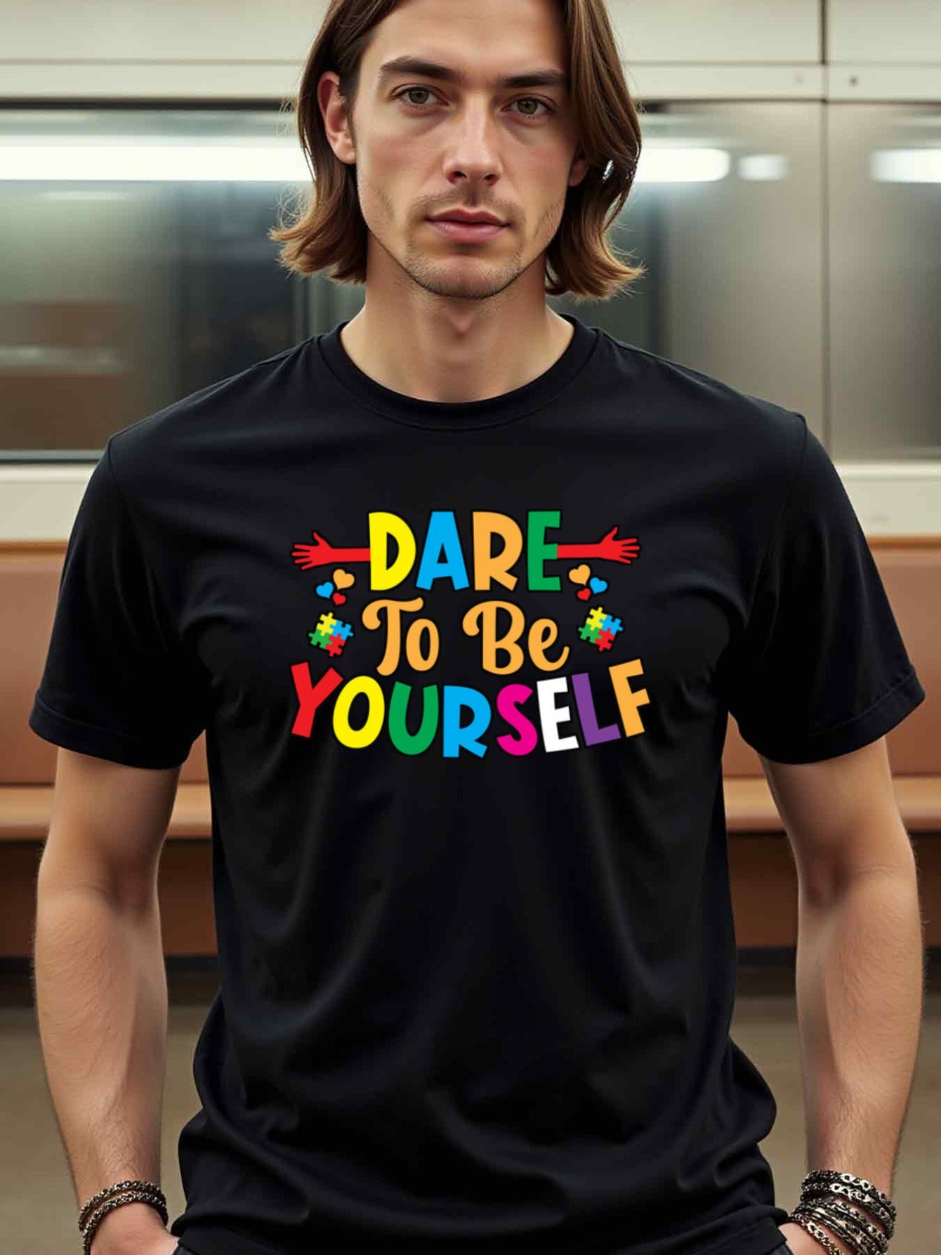natee local warehouse clearance Autism Awareness: Dare to Be Yourself T-shirt, man's T-Shirt,100% Cotton Fabric,Crew Neck,Short Sleeve,Regular Fit,All-Season Casual Wear,180gsm-Ideal For Summer Holiday Gift, 男t
