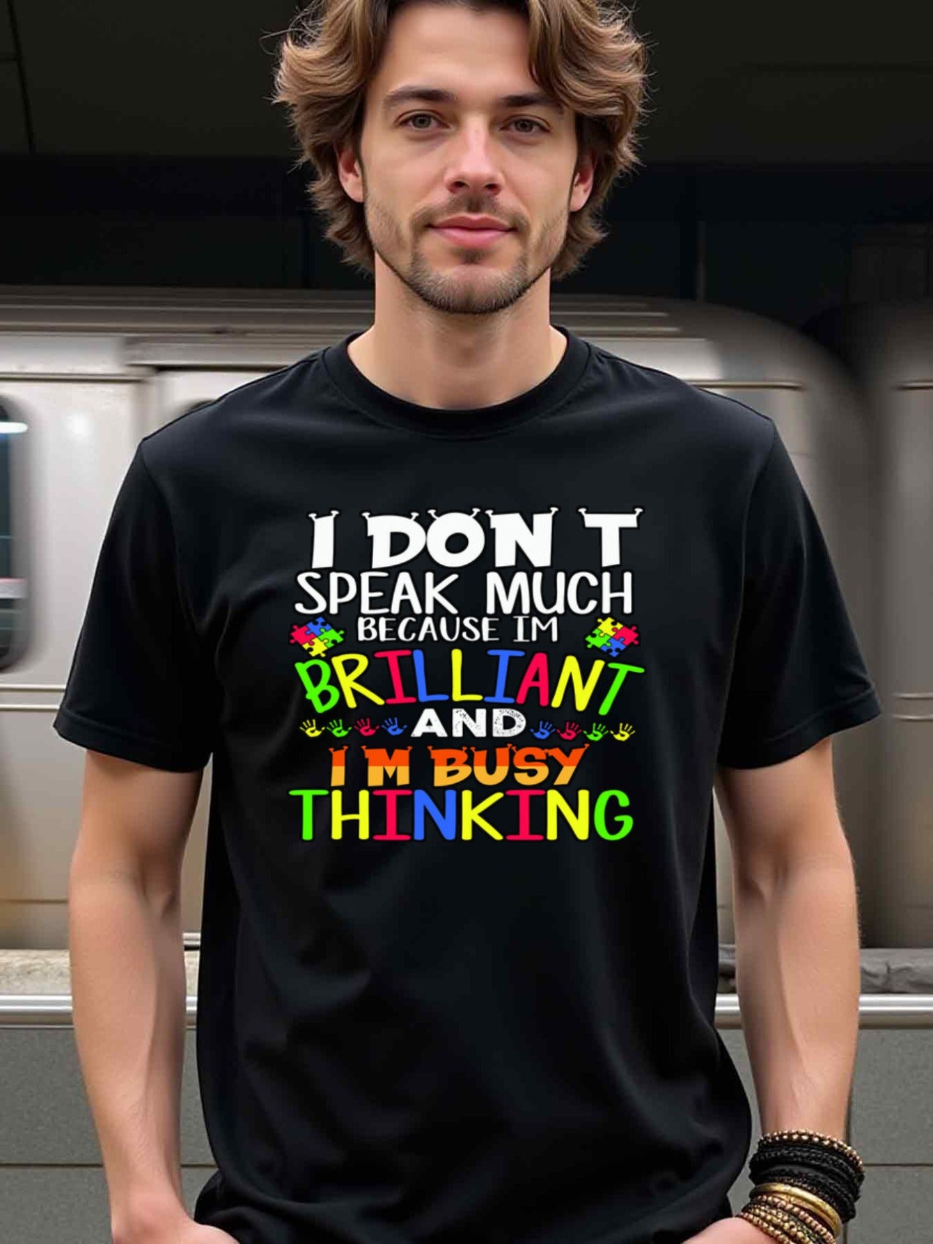 natee local warehouse clearance Autism Awareness: I Don't Speak Much Thinking Tee, 100% Cotton Fabric,Crew Neck,Regular Fit,Weekend Casual Wear,180gsm Family Friends Christian festival Thanksgiving Day, 男t