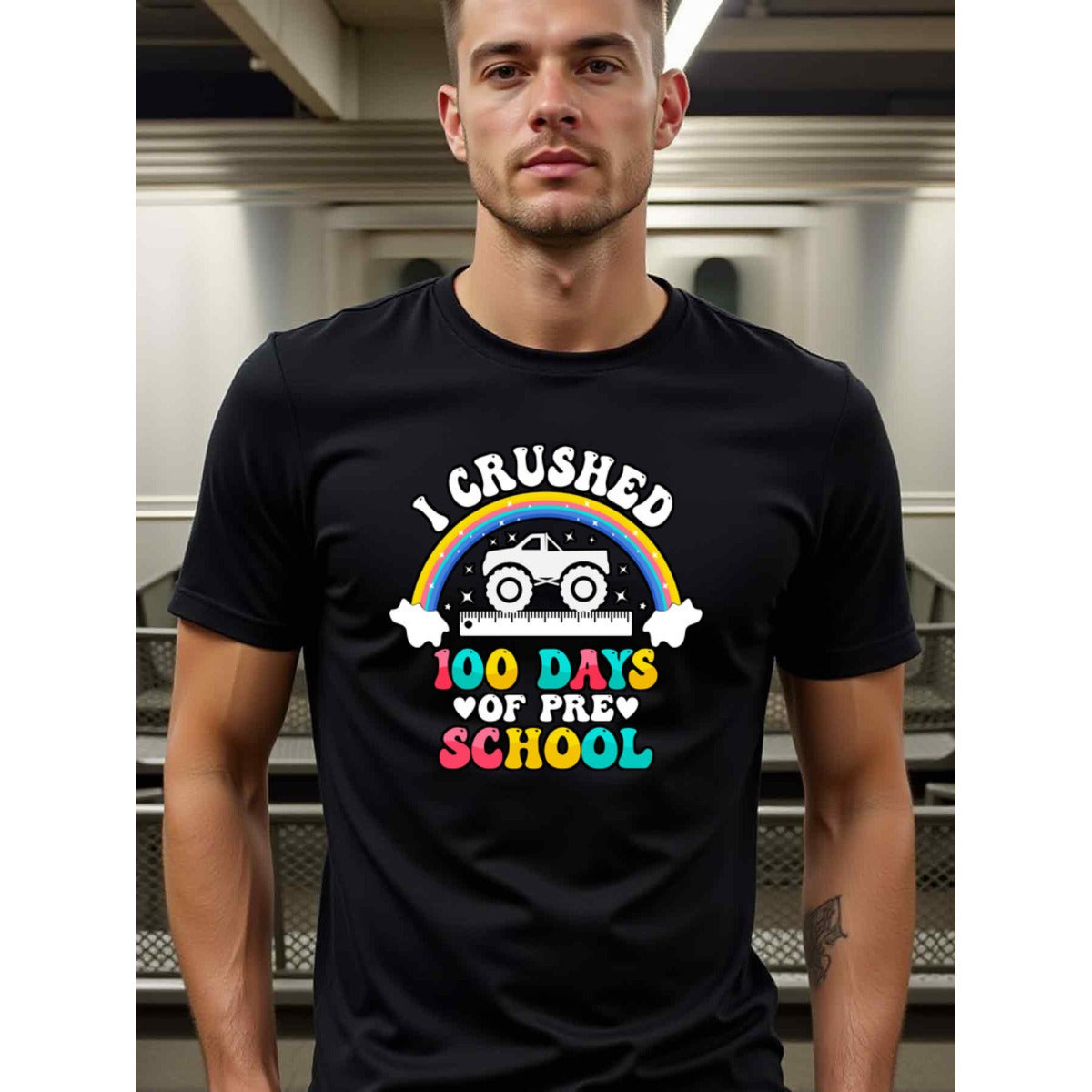 natee local warehouse clearance 100 Days of Preschool Shirt: Crushed 100 Days!, man's T-Shirt,100% Cotton Fabric,Crew Neck,Short Sleeve,Regular Fit,All-Season Casual Wear,180gsm-Ideal for All Saints' Day Thanksgiving Day, 男t