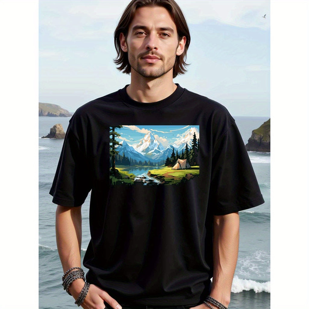 natee local warehouse clearance Adventure Awaits: Mountain Lake Camping Graphic Tee, 男t