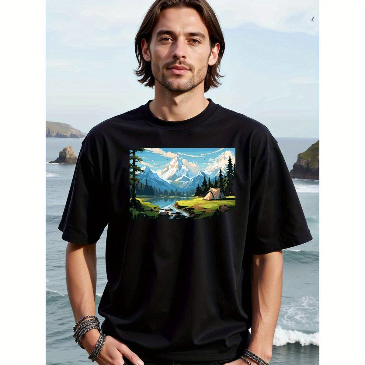natee local warehouse clearance Adventure Awaits: Mountain Lake Camping Graphic Tee, 男t