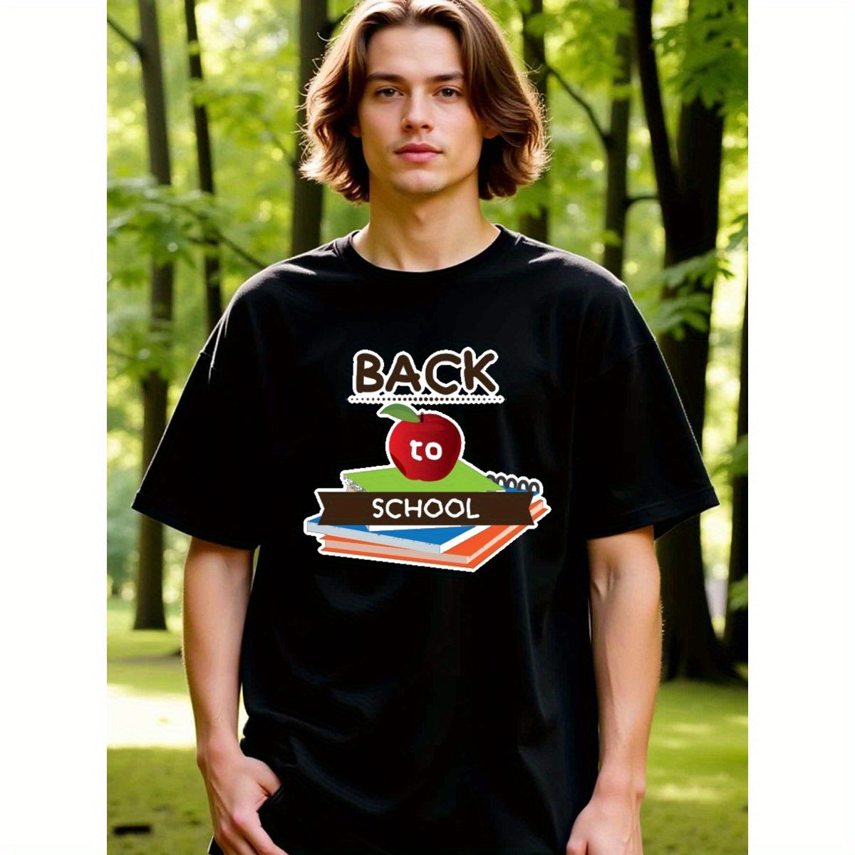 natee local warehouse clearance Back to School Graphic Tee: Books & Apple Design, 男t, 男t