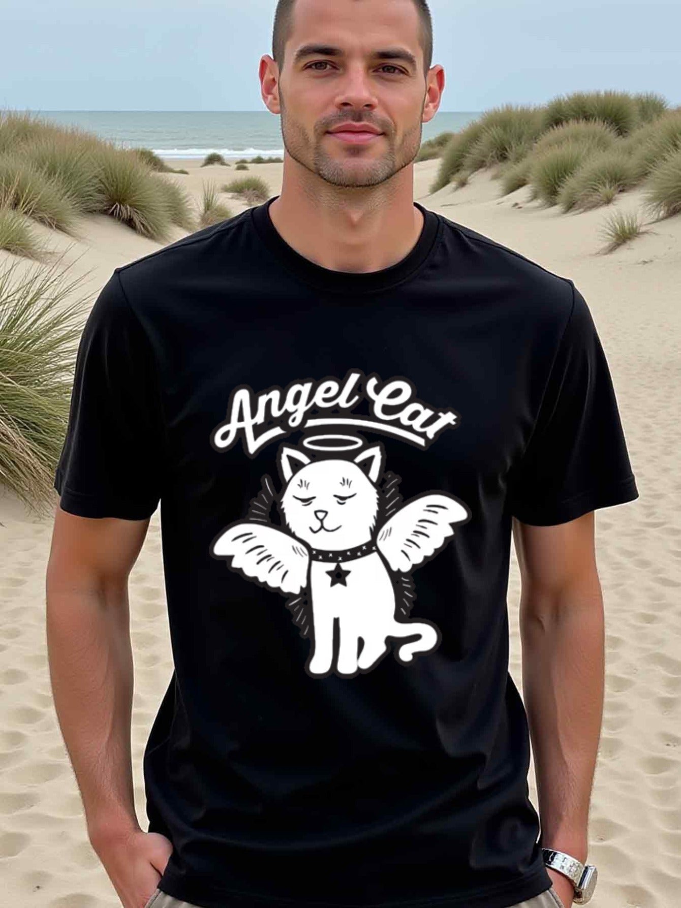 natee local warehouse clearance Angel Cat Graphic Tee - Adorable Kitty Design, 男t, 男t