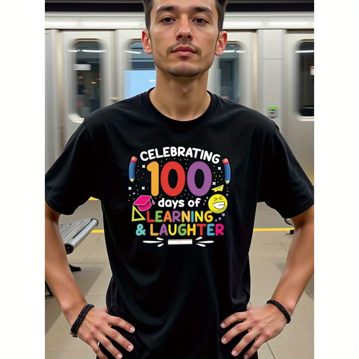 natee local warehouse clearance 100 Days of Learning & Laughter - Celebratory T-shirt, 100% Cotton Fabric,Crew Neck,Regular Fit,Weekend Casual Wear,180gsm Family Friends Christian festival Thanksgiving Day, 男t