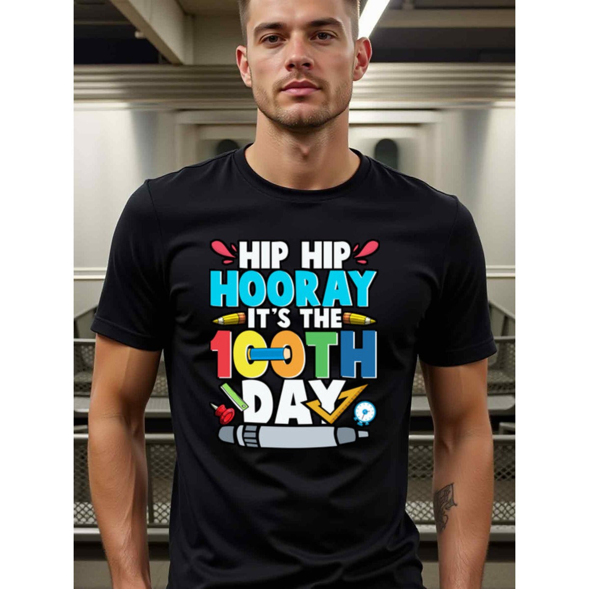 natee local warehouse clearance 100th Day of School Celebration Hip Hip Hooray T-shirt, man's T-Shirt,100% Cotton Fabric,Crew Neck,Short Sleeve,Regular Fit,All-Season Casual Wear,180gsm-Ideal For Summer Holiday Gift, 男t