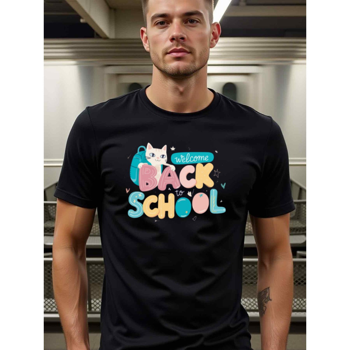 natee local warehouse clearance Back to School Cat with Backpack T-shirt, man's T-Shirt,100% Cotton Fabric,Crew Neck,Short Sleeve,Regular Fit,All-Season Casual Wear,180gsm-Ideal for All Saints' Day Thanksgiving Day, 男t