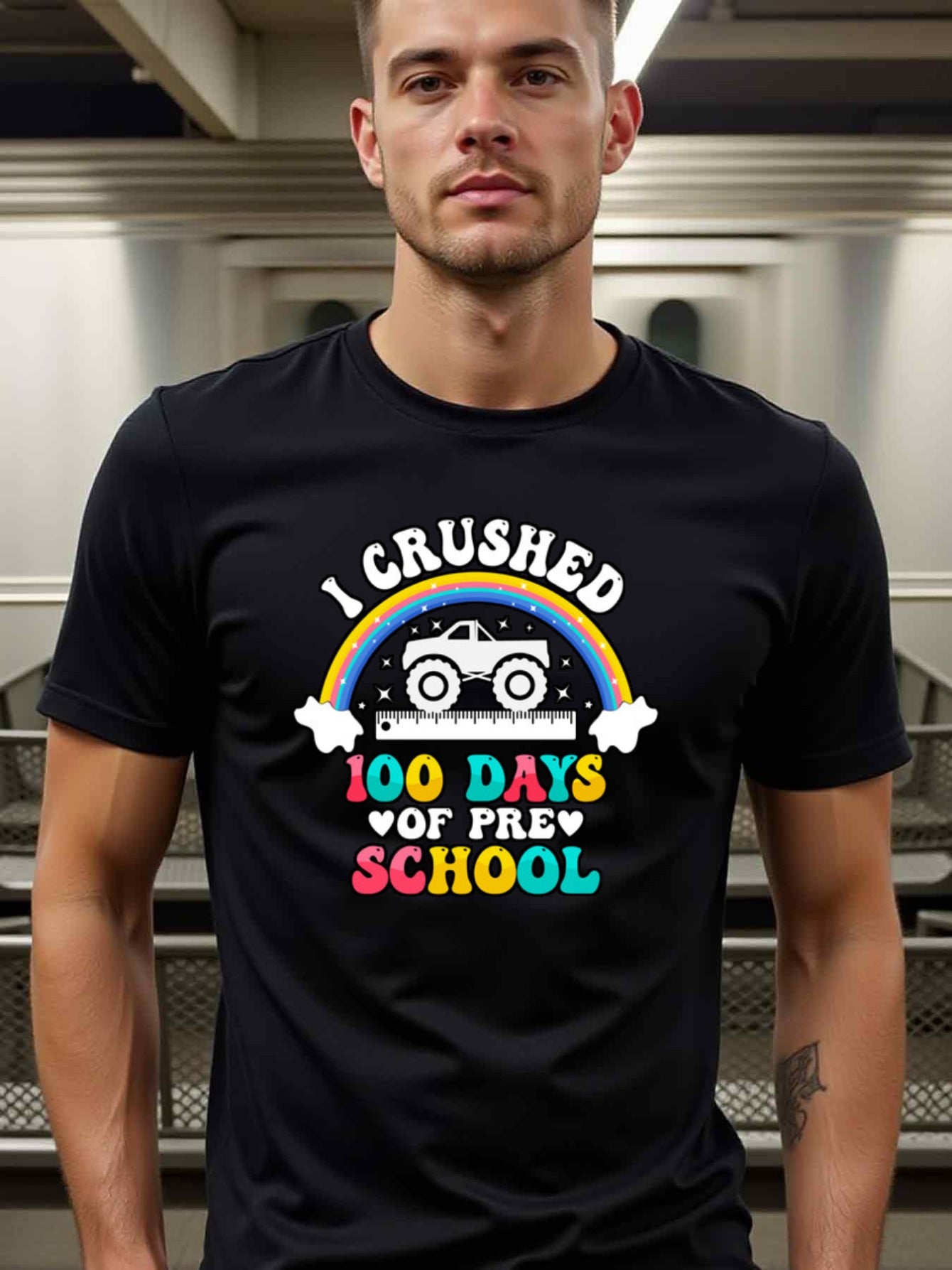 natee local warehouse clearance 100 Days of Preschool Shirt: Crushed 100 Days!, man's T-Shirt,100% Cotton Fabric,Crew Neck,Short Sleeve,Regular Fit,All-Season Casual Wear,180gsm-Ideal for All Saints' Day Thanksgiving Day, 男t