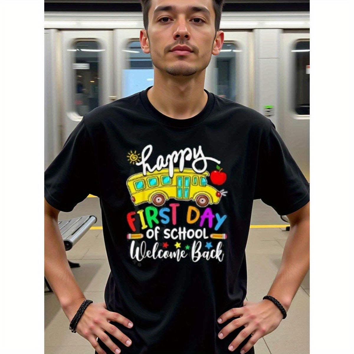 natee local warehouse clearance Back-to-school Happy First Day of School Shirt, 100% Cotton Fabric,Crew Neck,Regular Fit,Weekend Casual Wear,180gsm Family Friends Christian festival Thanksgiving Day, 男t