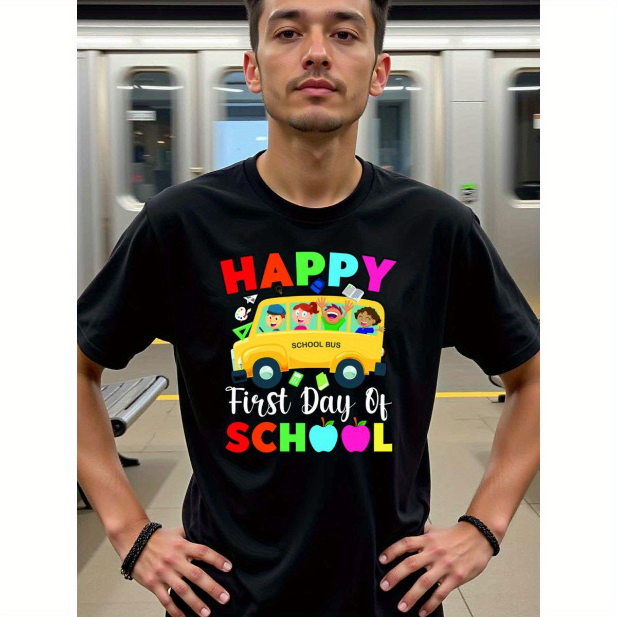 natee local warehouse clearance Back-to-school Happy First Day of School Shirt, 100% Cotton Fabric,Crew Neck,Regular Fit,Weekend Casual Wear,180gsm Family Friends Christian festival Thanksgiving Day, 男t