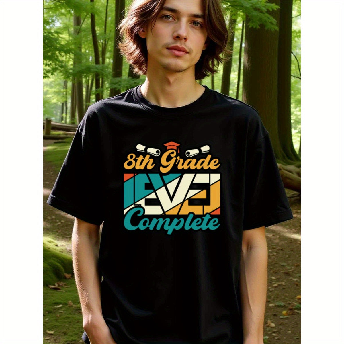 natee local warehouse clearance 8th Grade Level Complete Graduation Celebration T-shirt, 100% Cotton Fabric,Crew Neck,Regular Fit,Weekend Casual Wear,180gsm Family Friends Christian festival Thanksgiving Day, 男t