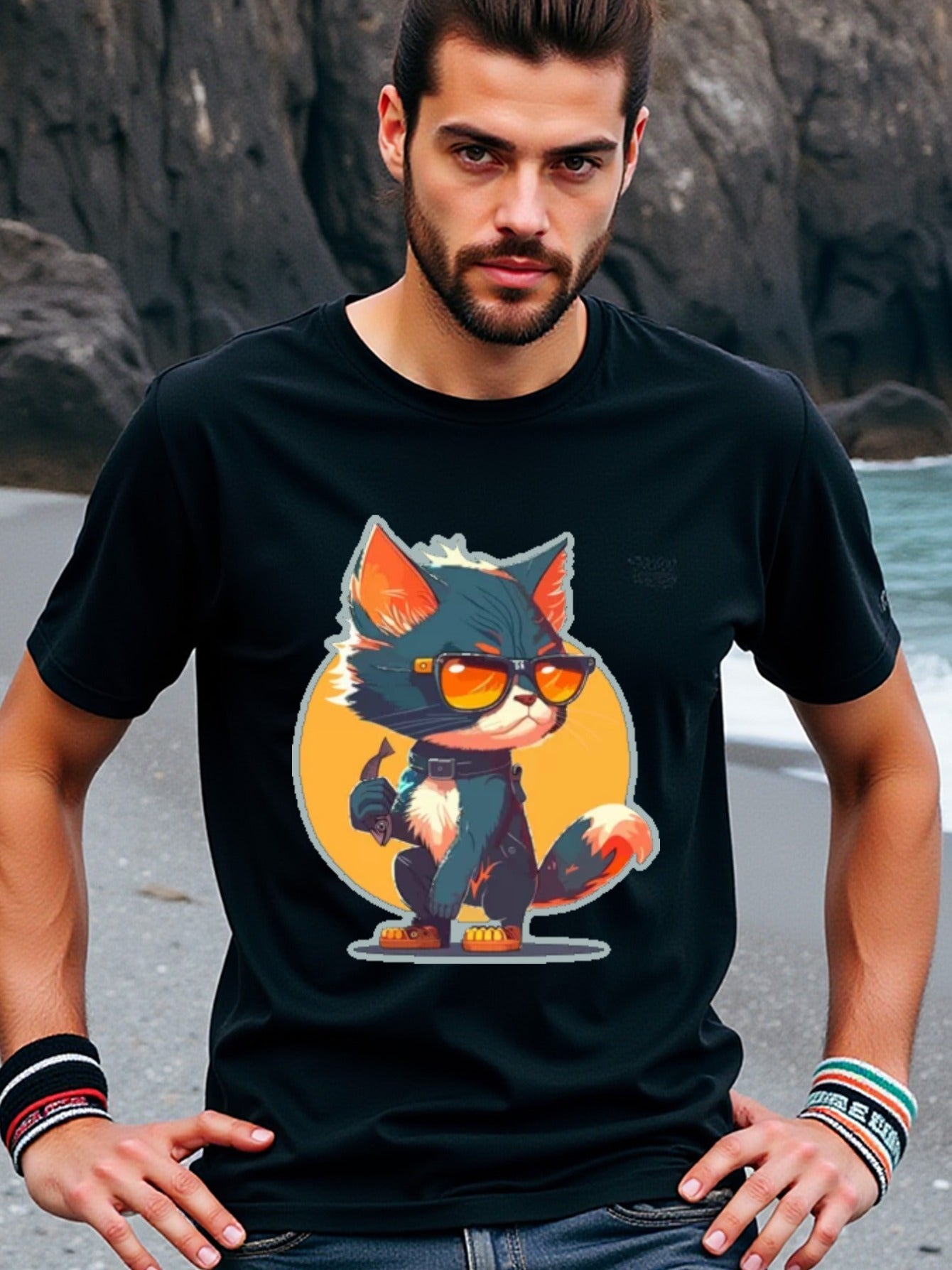 natee local warehouse clearance Badass Cat in Sunglasses Graphic Tee, 男t
