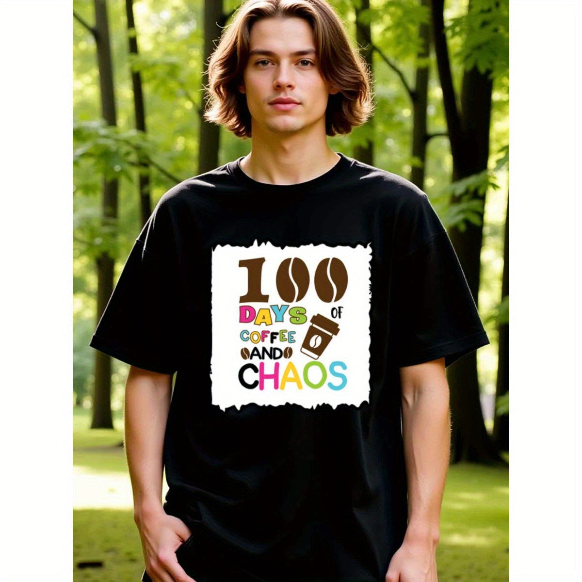 natee local warehouse clearance 100 Days of Coffee and Chaos - Funny Novelty T-shirt, 100% Cotton Fabric,Crew Neck,Regular Fit,Weekend Casual Wear,180gsm Family Friends Christian festival Thanksgiving Day, 男t