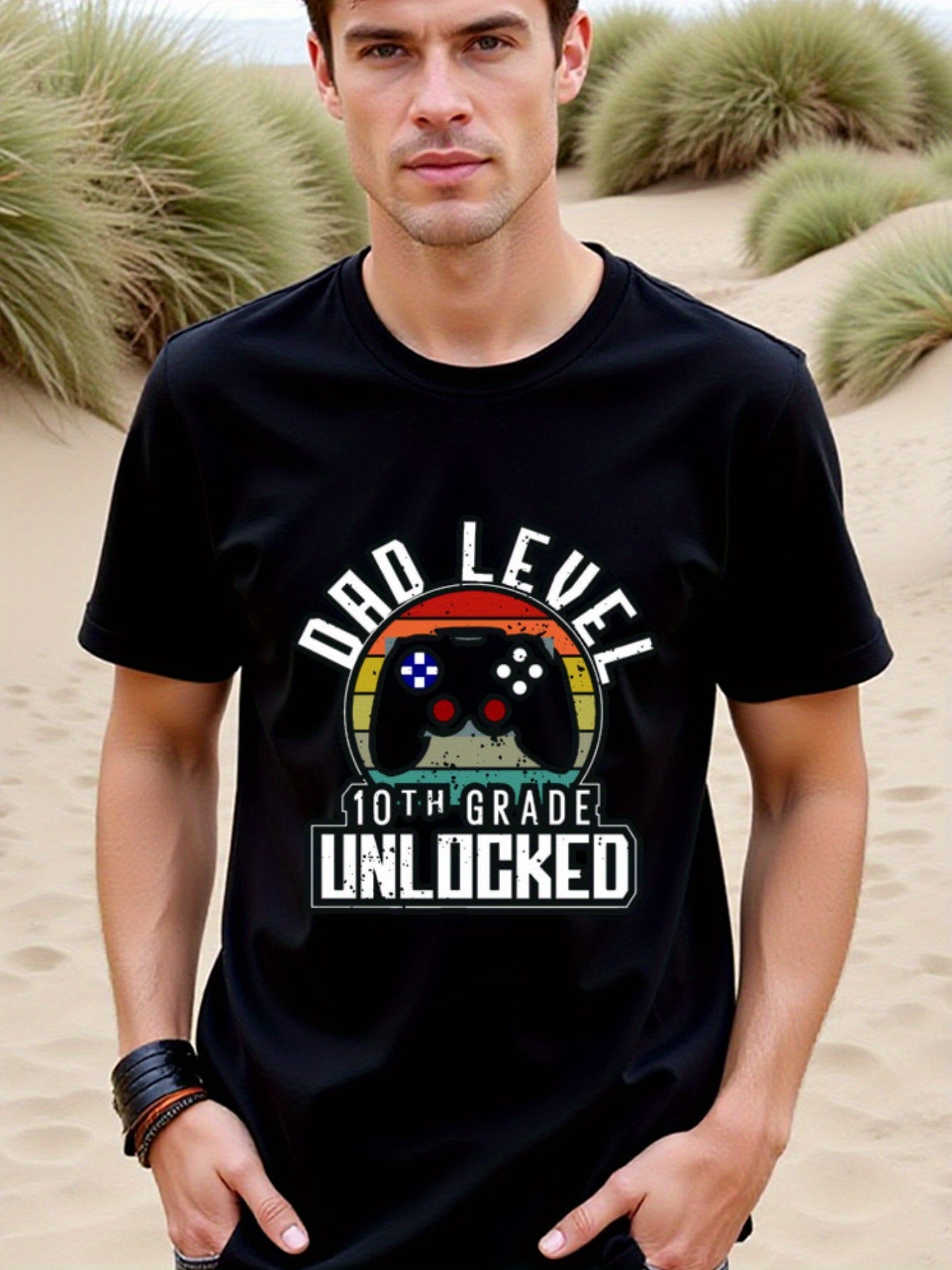 natee local warehouse clearance 10th Grade Dad Level Unlocked Gamer T-shirt, man's T-Shirt,100% Cotton Fabric,Crew Neck,Short Sleeve,Regular Fit,All-Season Casual Wear,180gsm-Ideal For Summer Holiday Gift, 男t