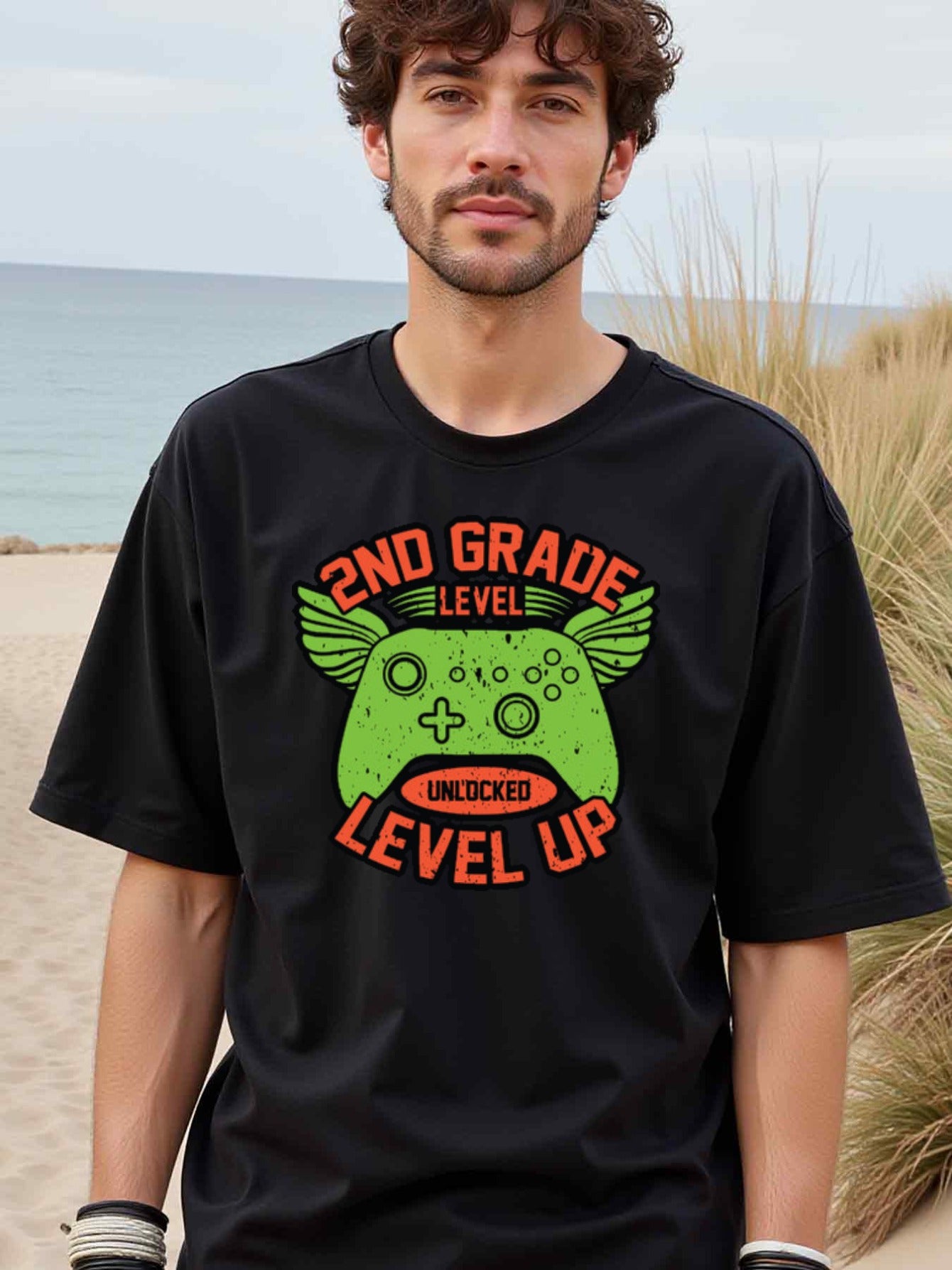 natee local warehouse clearance 2nd Grade Level Up Gamer T-shirt, man's T-Shirt,100% Cotton Fabric,Crew Neck,Short Sleeve,Regular Fit,All-Season Casual Wear,180gsm-Ideal For Summer Holiday Gift, 男t