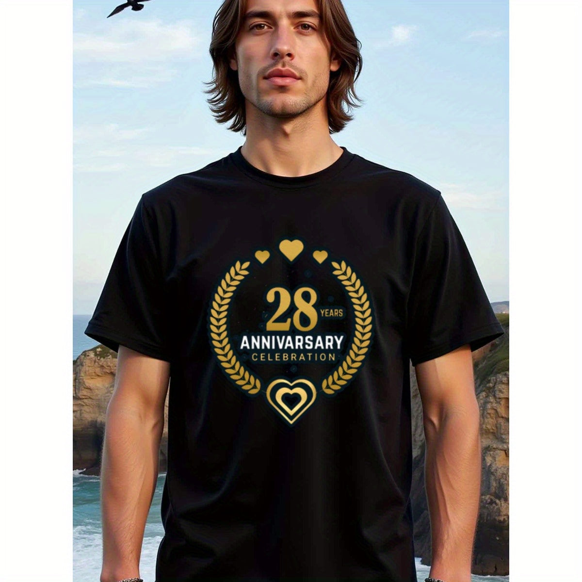 natee local warehouse clearance 28th Anniversary Celebration T-shirt - Gold Hearts & Laurels Design, 男t