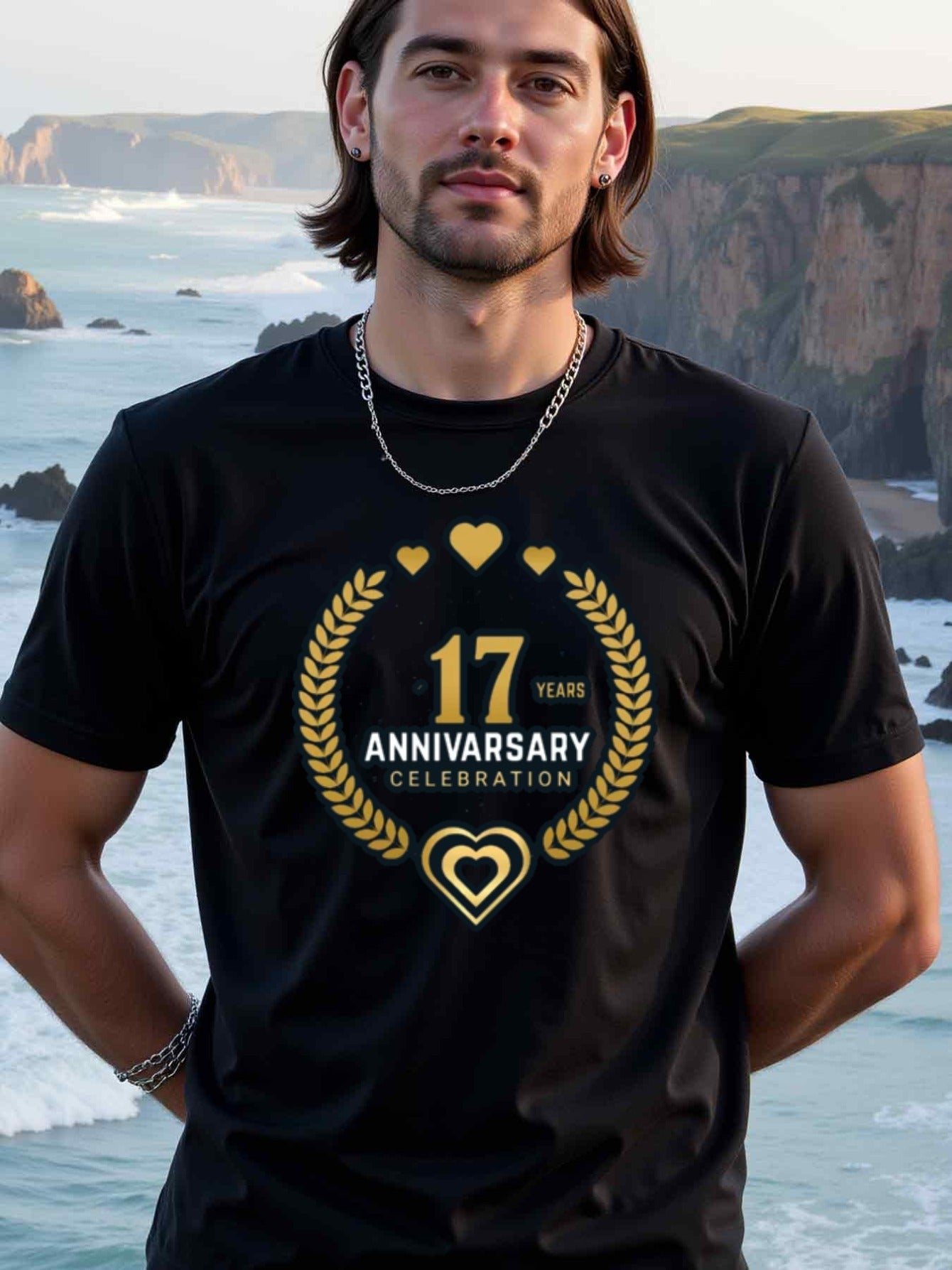 natee local warehouse clearance 17th Anniversary Celebration T-shirt - Black & Gold Hearts Design, 100% Cotton Fabric,Crew Neck,Regular Fit,Weekend Casual Wear,180gsm Family Friends Christian festival Thanksgiving Day, 男t