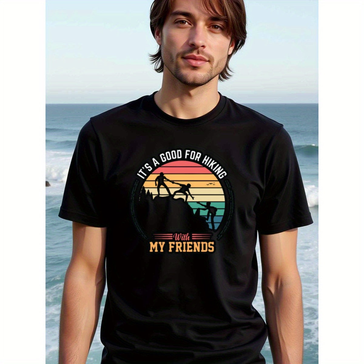 natee local warehouse clearance Adventure Awaits: Hiking with Friends Retro T-shirt, man's T-Shirt,100% Cotton Fabric,Crew Neck,Short Sleeve,Regular Fit,All-Season Casual Wear,180gsm-Ideal for Valentines Christian festival Thanksgiving Day, 男t