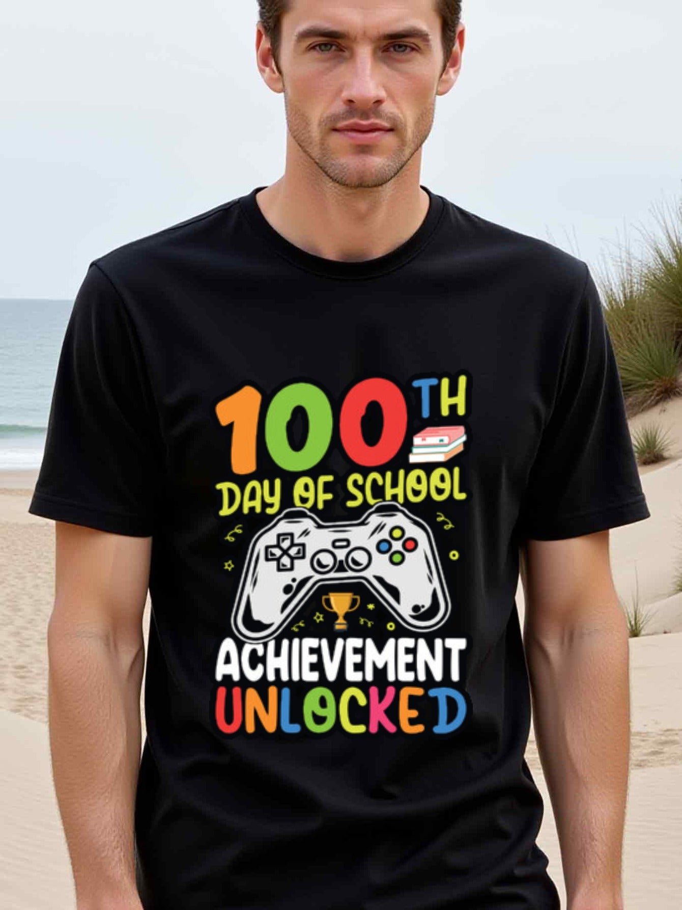 natee local warehouse clearance 100th Day of School: Achievement Unlocked Gamer T-shirt, 100% Cotton Fabric,Crew Neck,Regular Fit,Weekend Casual Wear,180gsm Family Friends Christian festival Thanksgiving Day, 男t