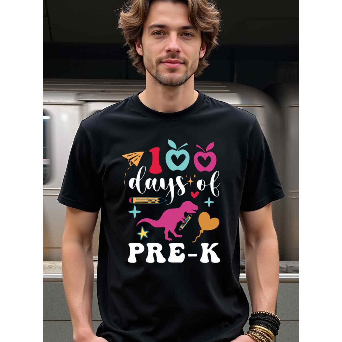 natee local warehouse clearance 100 Days of Pre-k Dinosaur Black T-shirt, 100% Cotton Fabric,Crew Neck,Short Sleeve,Regular Fit,All-season casual wear for man and teens-perfect for running, hiking, the beach, and parties Christian festival Thanksgiving Da