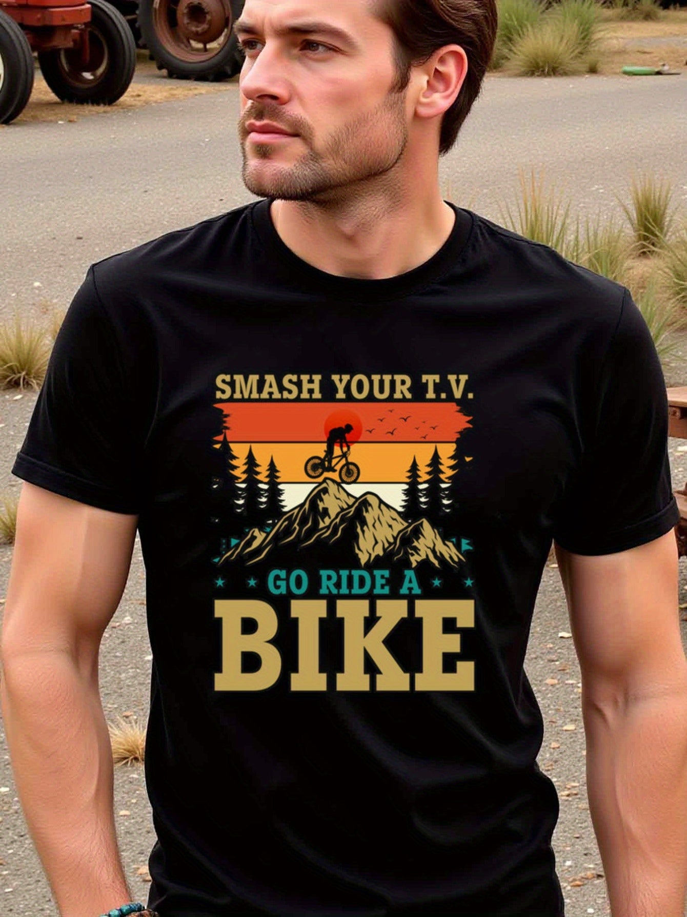 natee local warehouse clearance Adventure Awaits: Smash Your Tv, Go Ride a Bike T-shirt, man's T-Shirt,100% Cotton Fabric,Crew Neck,Short Sleeve,Regular Fit,All-Season Casual Wear,180gsm-Ideal for Valentines Christian festival Thanksgiving Day, 男t