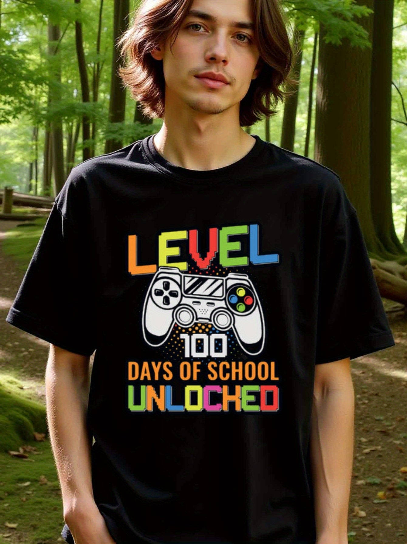 natee local warehouse clearance 100 Days of School Unlocked Gamer T-shirt, man's T-Shirt,100% Cotton Fabric,Crew Neck,Short Sleeve,Regular Fit,All-Season Casual Wear,180gsm-Ideal For Summer Holiday Gift, 男t