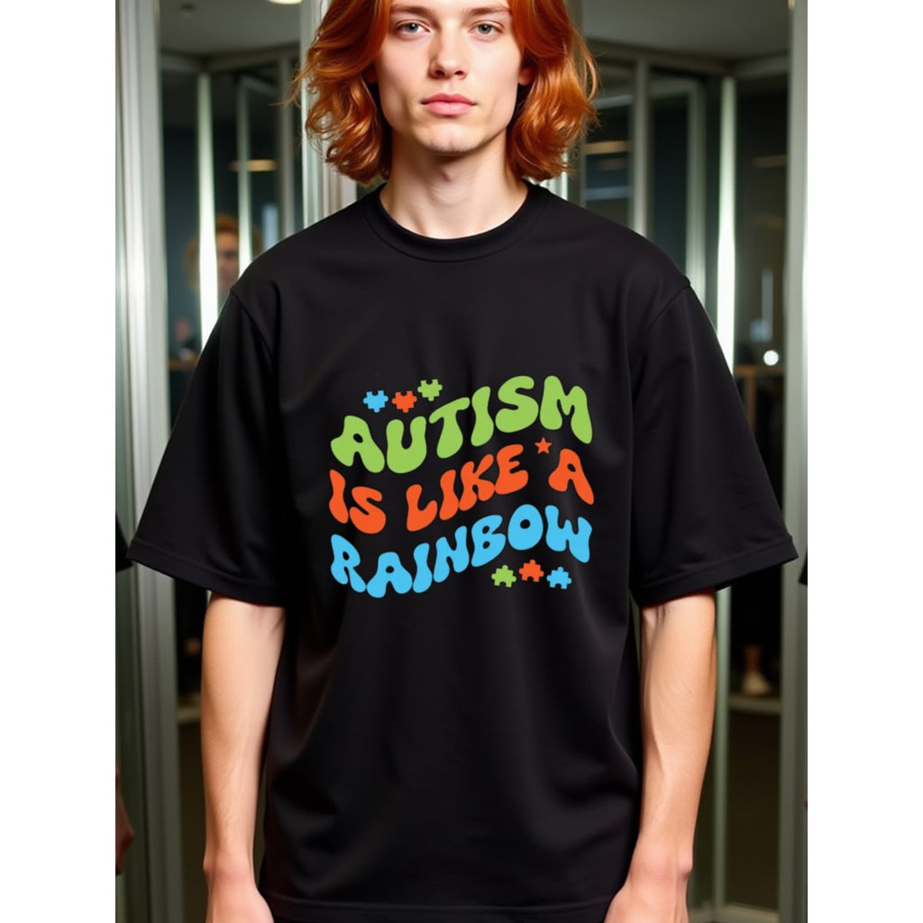 natee local warehouse clearance Autism Awareness Rainbow Puzzle Pieces T-shirt, man's T-Shirt,100% Cotton Fabric,Crew Neck,Short Sleeve,Regular Fit,All-Season Casual Wear,180gsm-Ideal for Valentines Christian festival Thanksgiving Day,