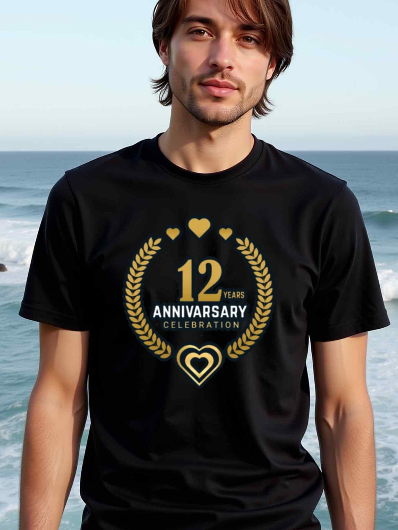 natee local warehouse clearance 12th Anniversary Celebration T-shirt - Black & Gold Hearts Design, 男t