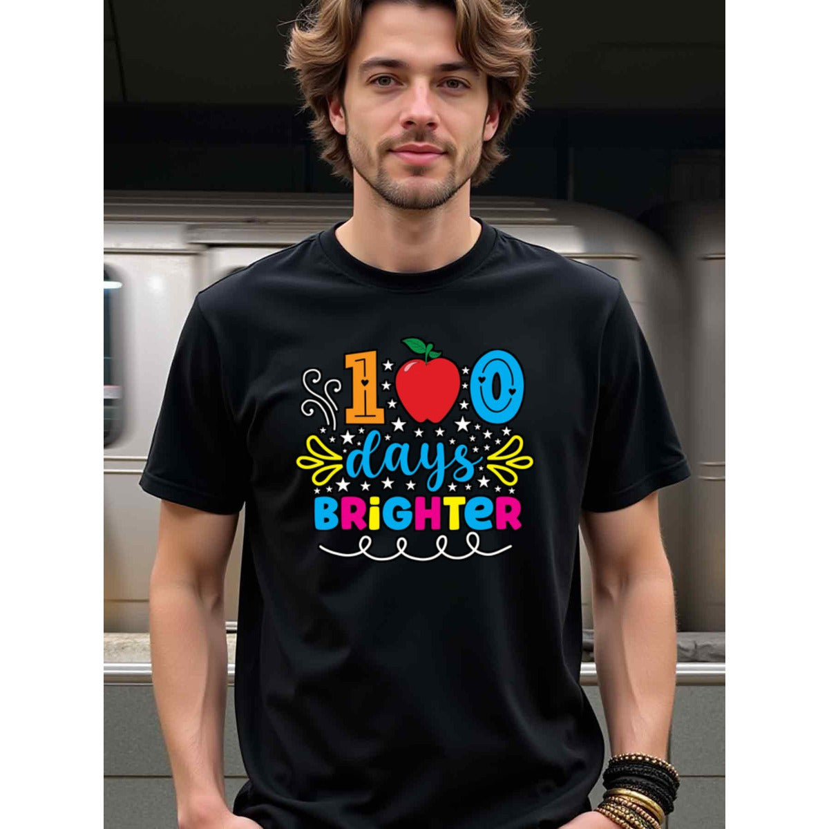 natee local warehouse clearance 100 Days Brighter - Colorful Apple Design T-shirt, 100% Cotton Fabric,Crew Neck,Short Sleeve,Regular Fit,All-season casual wear for man and teens-perfect for running, hiking, the beach, and parties Christian festival Thanks