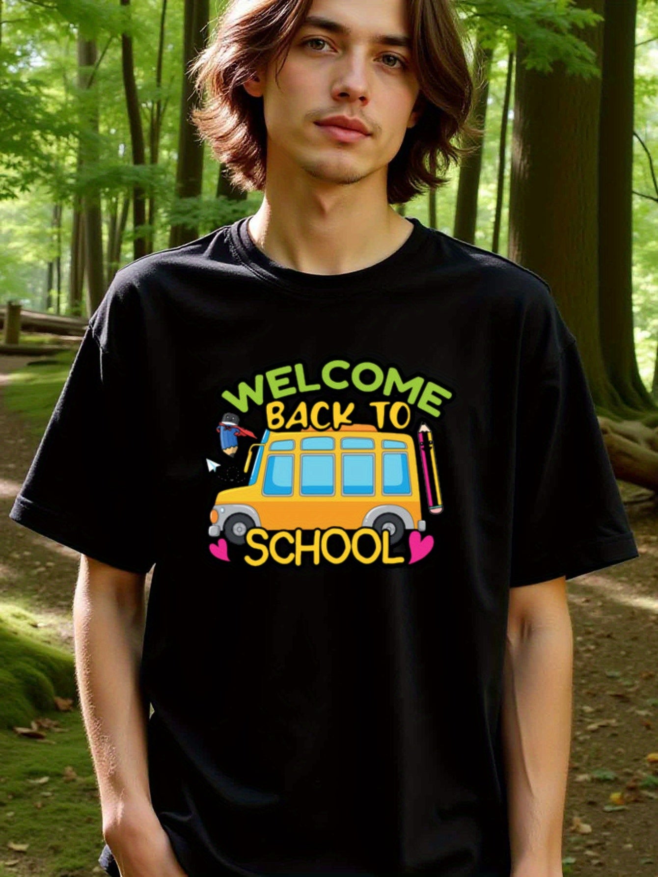 natee local warehouse clearance Back to School Bus Graphic Tee for Kids & Adults, man's T-Shirt,100% Cotton Fabric,Crew Neck,Short Sleeve,Regular Fit,All-Season Casual Wear,180gsm-Ideal for Valentines Christian festival Thanksgiving Day, 男t