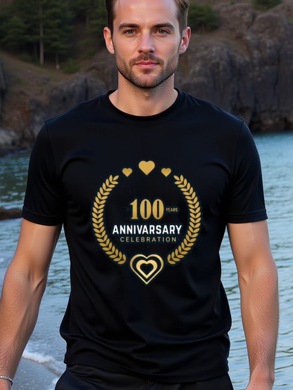 natee local warehouse clearance 100 Years Anniversary Celebration Black T-shirt, 100% Cotton Fabric,Crew Neck,Regular Fit,Weekend Casual Wear,180gsm Family Friends Christian festival Thanksgiving Day, 男t