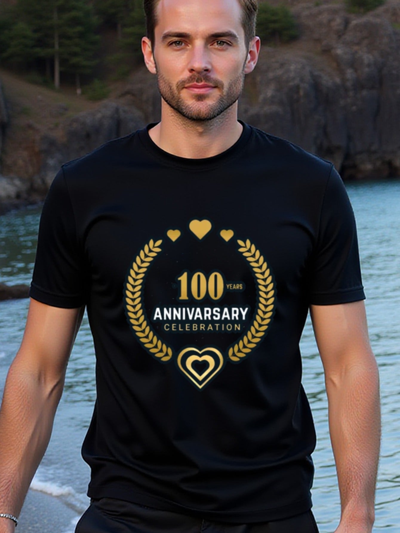 natee local warehouse clearance 100 Years Anniversary Celebration Black T-shirt, 100% Cotton Fabric,Crew Neck,Regular Fit,Weekend Casual Wear,180gsm Family Friends Christian festival Thanksgiving Day, 男t