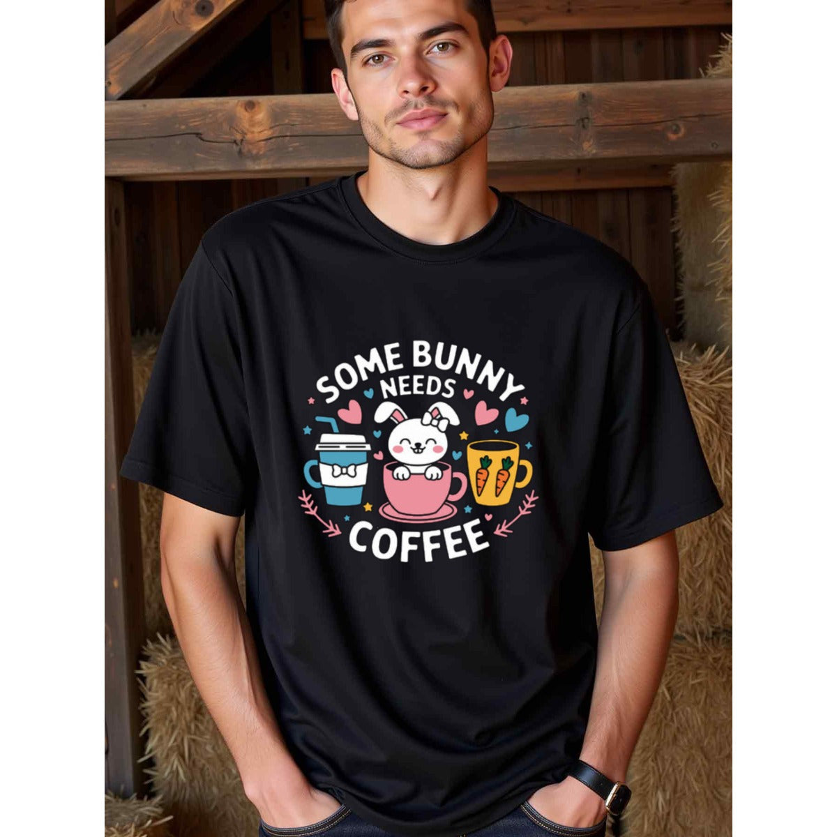 natee local warehouse clearance Adorable Some Bunny Needs Coffee Graphic Tee for Coffee Lovers, 100% Cotton Fabric,Crew Neck,Regular Fit,Weekend Casual Wear,180gsm Family Friends Christian festival Thanksgiving Day,