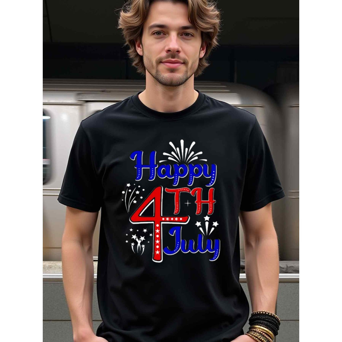 natee local warehouse clearance 4th of July Celebration Fireworks Black T-shirt, man's T-Shirt,100% Cotton Fabric,Crew Neck,Short Sleeve,Regular Fit,All-Season Casual Wear,180gsm-Ideal For Summer Holiday Gift, 男t