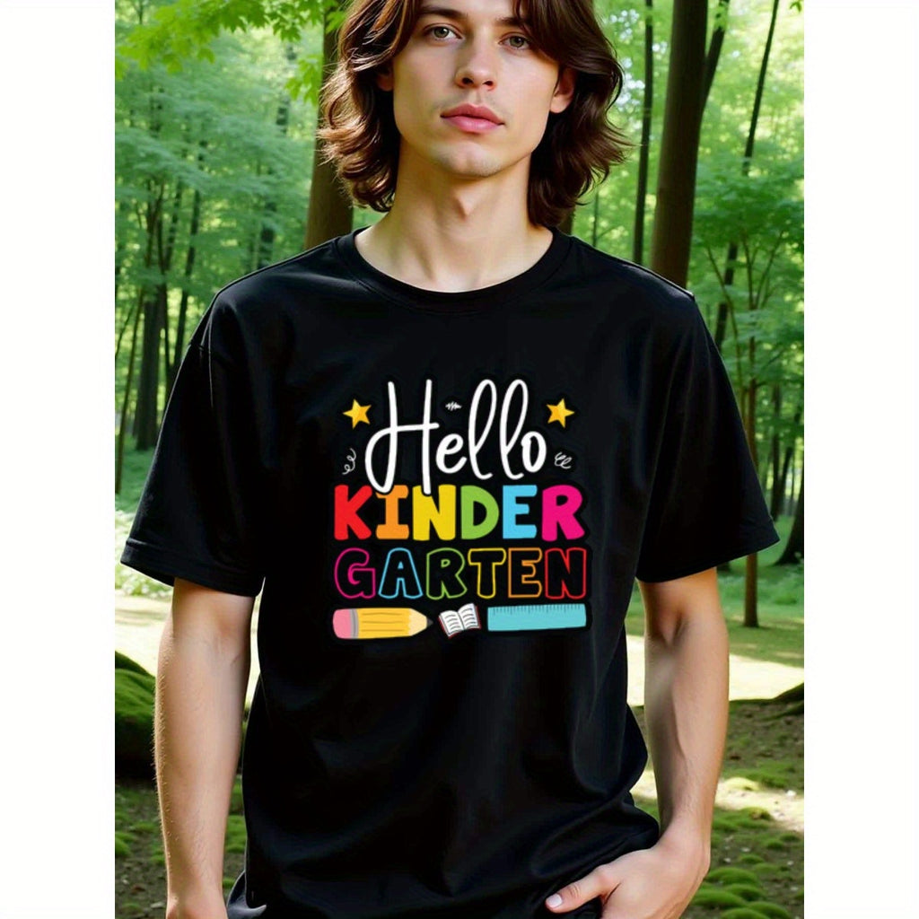 natee local warehouse clearance Back to School Hello Kindergarten Graphic Tee, man's T-Shirt,100% Cotton Fabric,Crew Neck,Short Sleeve,Regular Fit,All-Season Casual Wear,180gsm-Ideal for Valentines Christian festival Thanksgiving Day, 男t