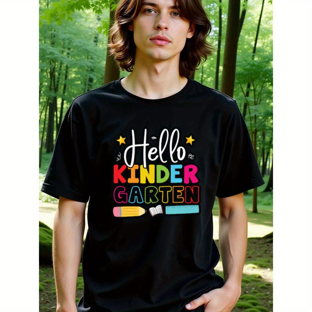 natee local warehouse clearance Back to School Hello Kindergarten Graphic Tee, man's T-Shirt,100% Cotton Fabric,Crew Neck,Short Sleeve,Regular Fit,All-Season Casual Wear,180gsm-Ideal for Valentines Christian festival Thanksgiving Day, 男t