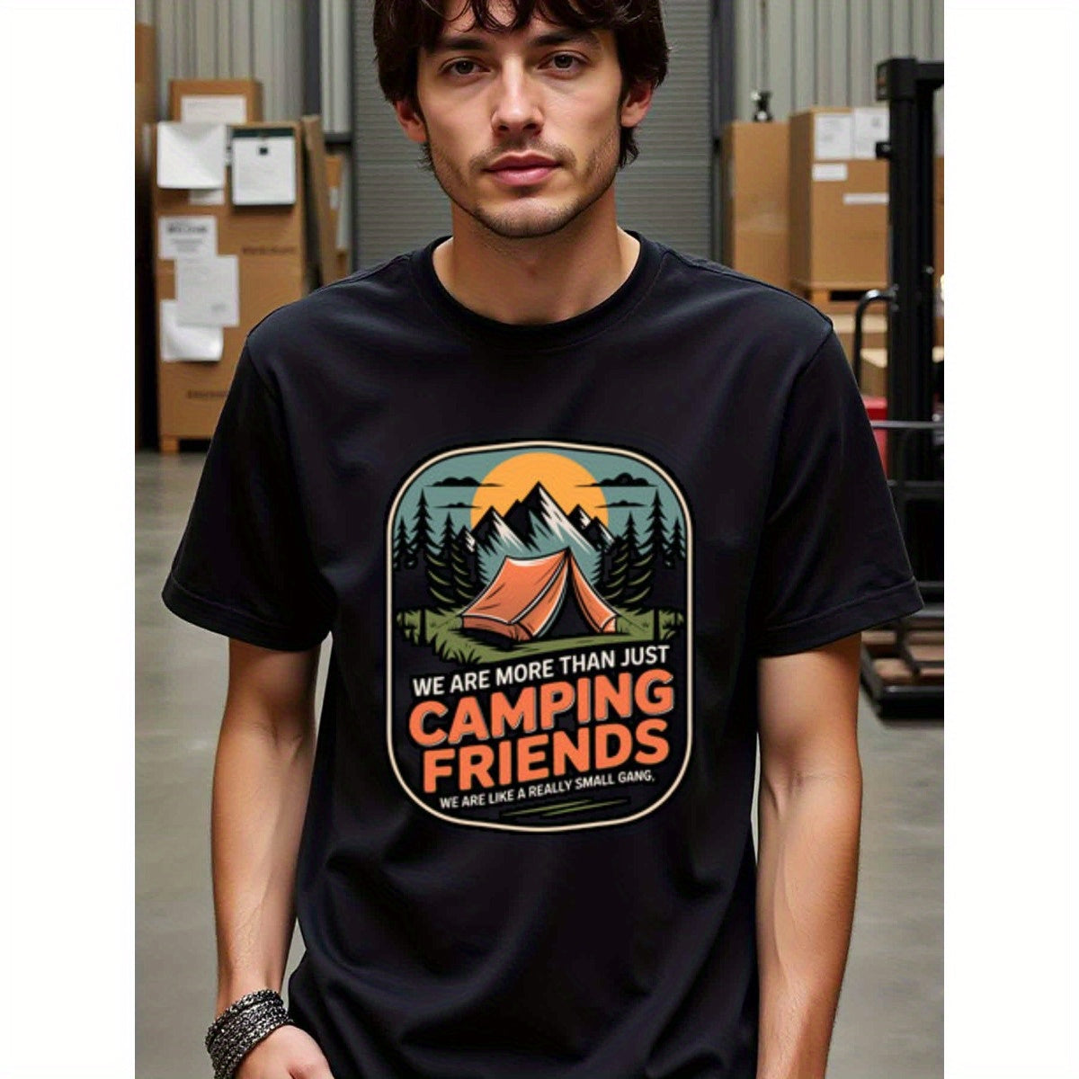 natee local warehouse clearance Adventure Camping Friends T-shirt: Small Gang, Big Fun!, man's T-Shirt,100% Cotton Fabric,Crew Neck,Short Sleeve,Regular Fit,All-Season Casual Wear,180gsm-Ideal for All Saints' Day Thanksgiving Day, 男t