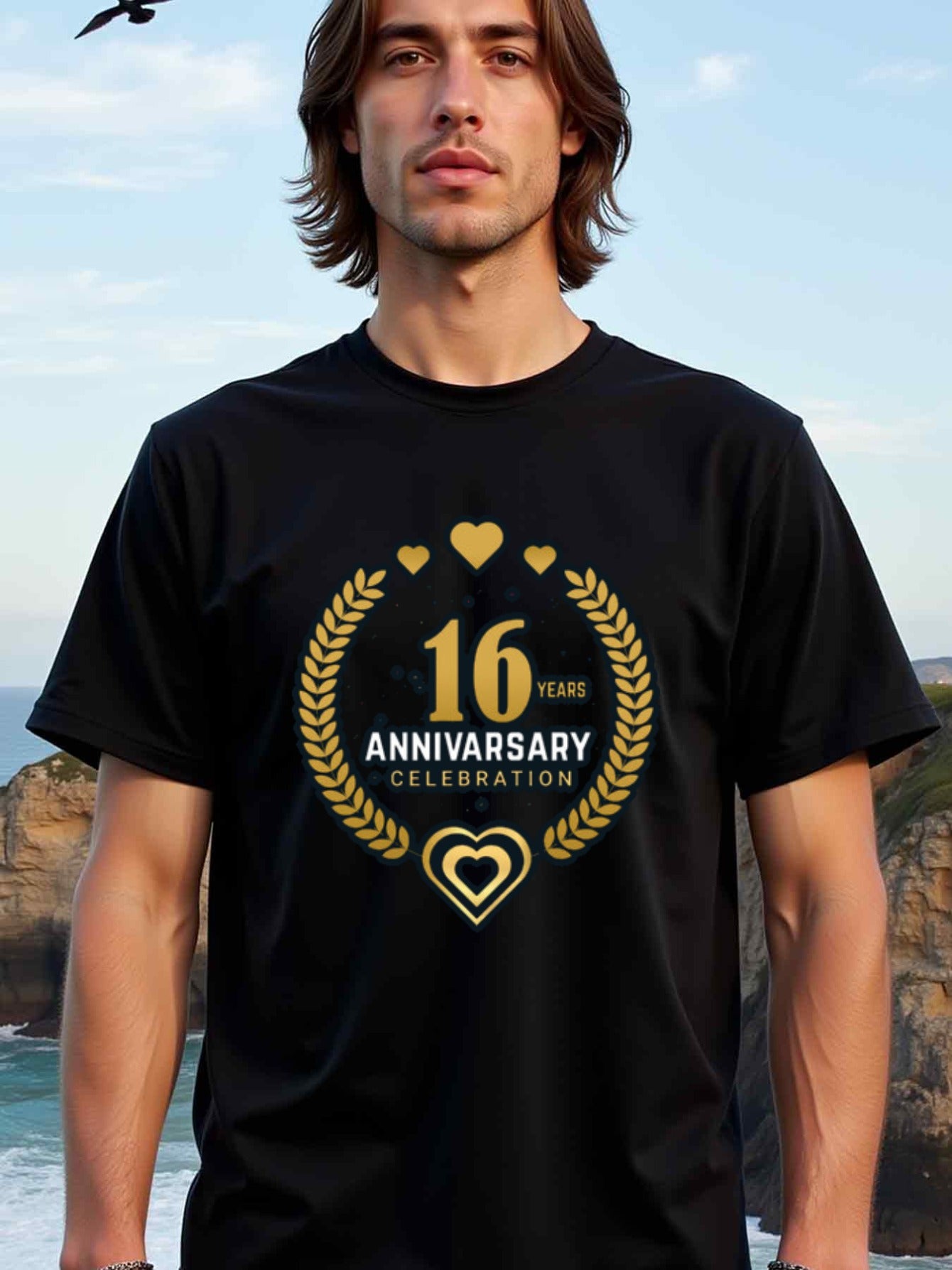 natee local warehouse clearance 16th Anniversary Celebration T-shirt - Gold Hearts & Laurels Design, 男t, 男t