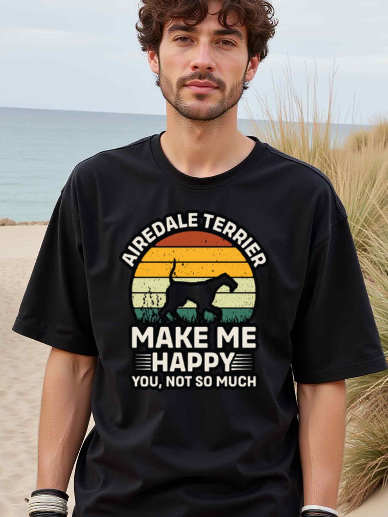 natee local warehouse clearance Airedale Terrier Lover's Happy T-shirt, 100% Cotton Fabric,Crew Neck,Regular Fit,Weekend Casual Wear,180gsm Family Friends Christian festival Thanksgiving Day, 男t