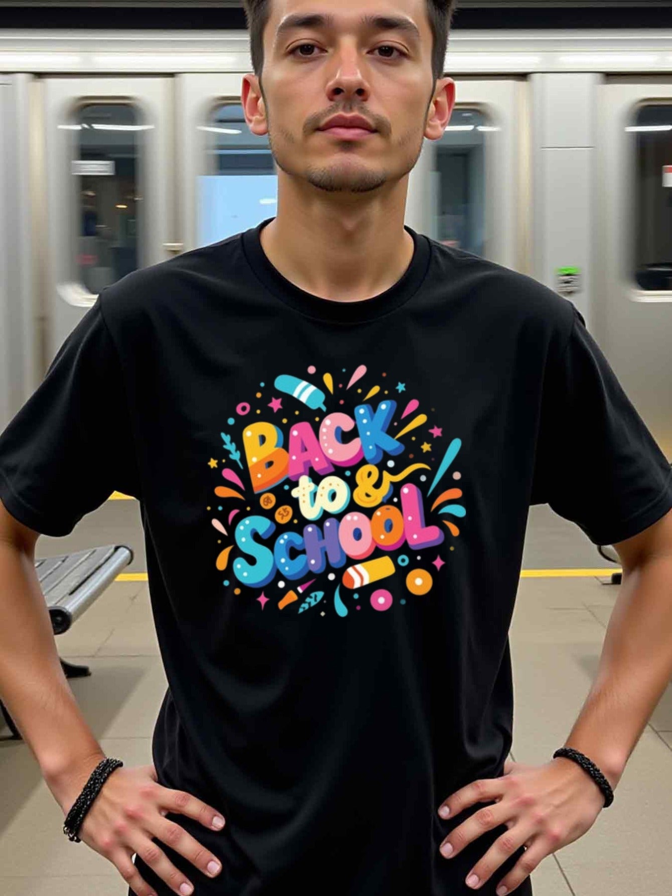 natee local warehouse clearance Back to School Fun & Colorful Graphic Tee, man's T-Shirt,100% Cotton Fabric,Crew Neck,Short Sleeve,Regular Fit,All-Season Casual Wear,180gsm-Ideal For Summer Holiday Gift, 男t