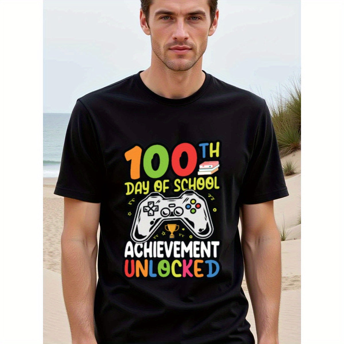 natee local warehouse clearance 100th Day of School: Achievement Unlocked Gamer T-shirt, 100% Cotton Fabric,Crew Neck,Regular Fit,Weekend Casual Wear,180gsm Family Friends Christian festival Thanksgiving Day, 男t