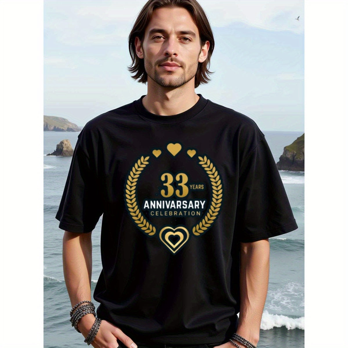 natee local warehouse clearance 33rd Anniversary Celebration T-shirt - Black, man's T-Shirt,100% Cotton Fabric,Crew Neck,Short Sleeve,Regular Fit,All-Season Casual Wear,180gsm-Ideal For Summer Holiday Gift, 男t