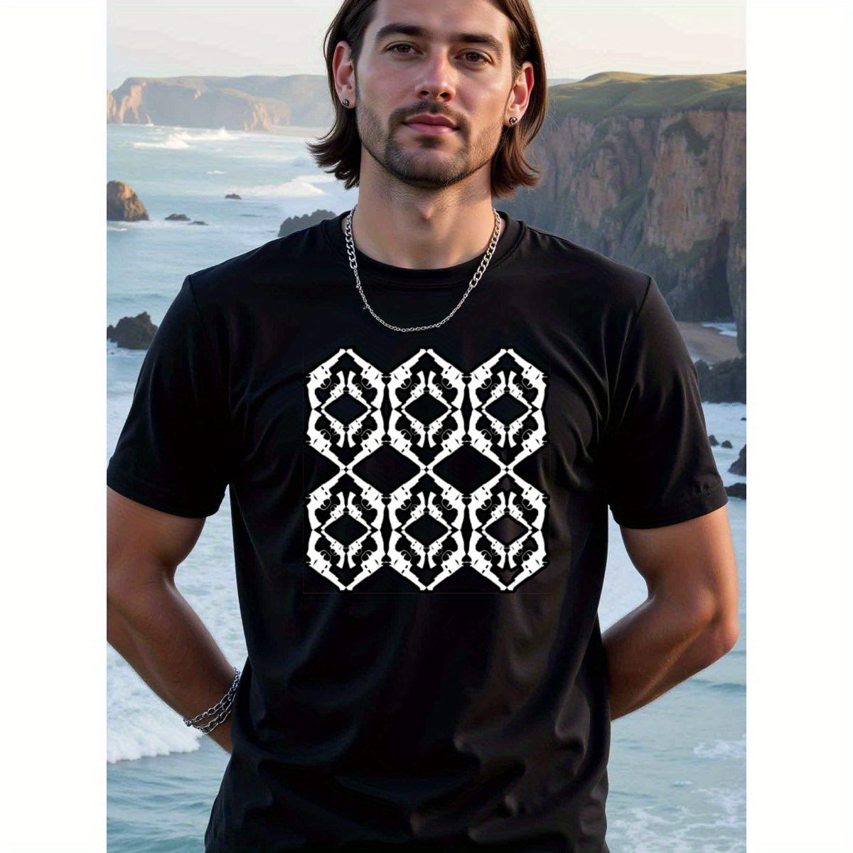natee local warehouse clearance Abstract Geometric Pattern Black T-shirt, man's T-Shirt,100% Cotton Fabric,Crew Neck,Short Sleeve,Regular Fit,All-Season Casual Wear,180gsm-Ideal for Valentines Christian festival Thanksgiving Day, 男t