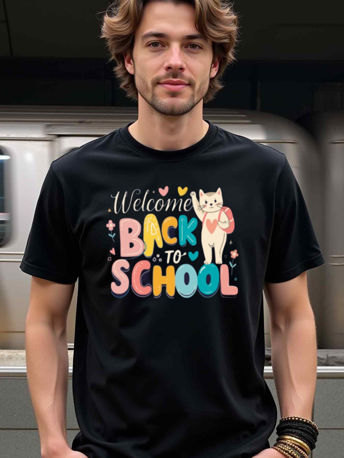 natee local warehouse clearance Back to School Cat Graphic Tee for Kids & Adults, man's T-Shirt,100% Cotton Fabric,Crew Neck,Short Sleeve,Regular Fit,All-Season Casual Wear,180gsm-Ideal For Summer Holiday Gift, 男t