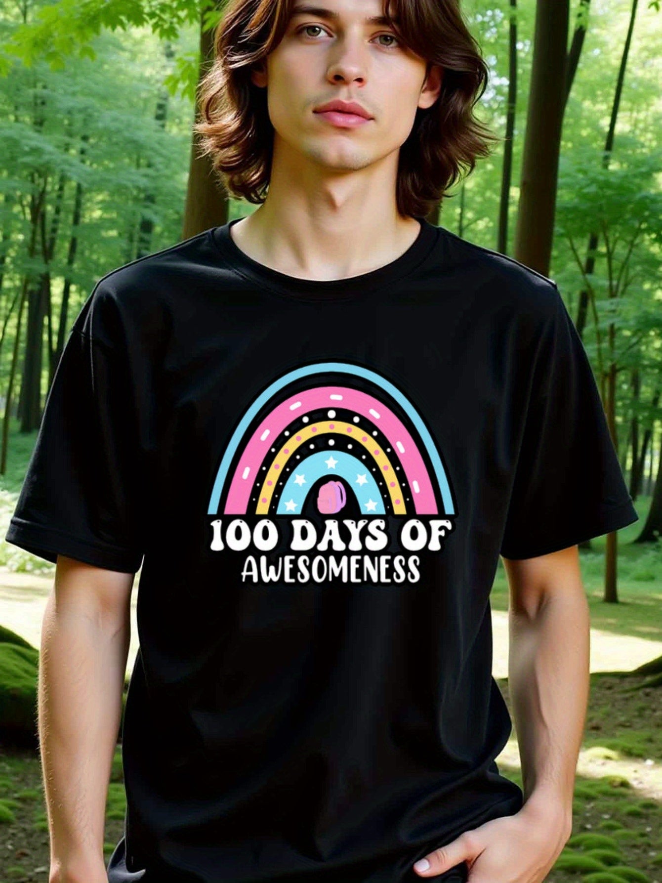 natee local warehouse clearance 100 Days of Awesomeness Rainbow T-shirt, man's T-Shirt,100% Cotton Fabric,Crew Neck,Short Sleeve,Regular Fit,All-Season Casual Wear,180gsm-Ideal For Summer Holiday Gift, 男t