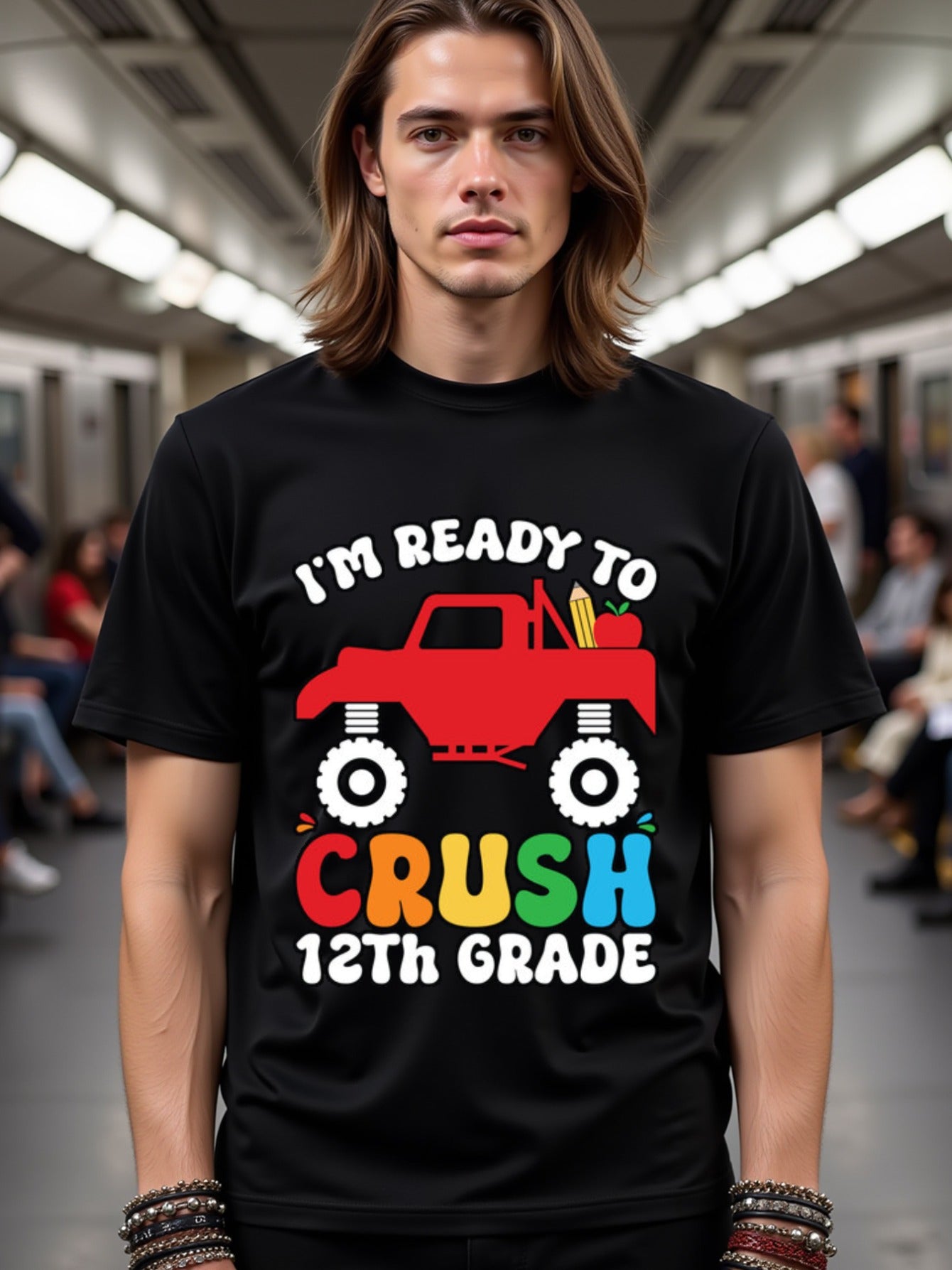 natee local warehouse clearance Back-to-school Monster Truck Crush 12th Grade T-shirt, 100% Cotton Fabric,Crew Neck,Regular Fit,Weekend Casual Wear,180gsm Family Friends Christian festival Thanksgiving Day, 男t