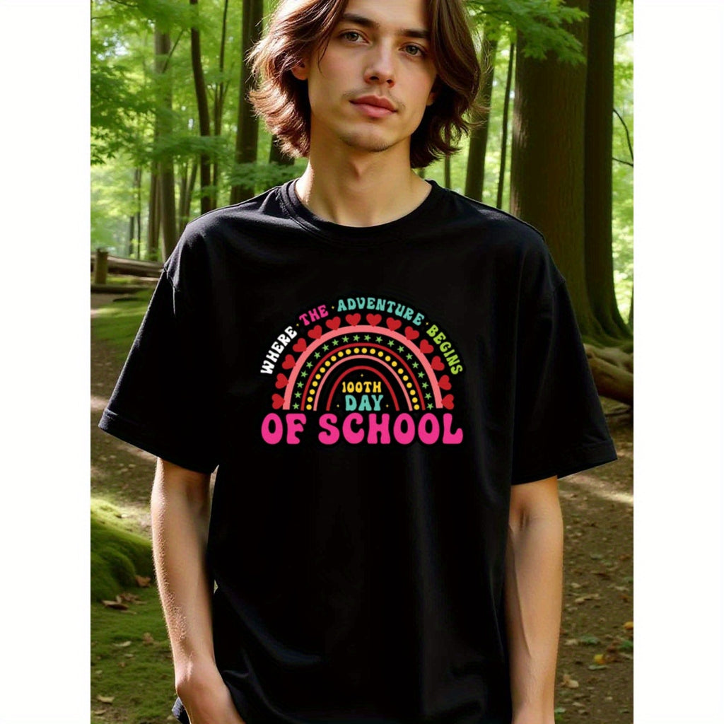 natee local warehouse clearance 100th Day of School Adventure Rainbow Hearts T-shirt, 100% Cotton Fabric,Crew Neck,Short Sleeve,Regular Fit,All-season casual wear for man and teens-perfect for running, hiking, the beach, and parties Christian festival Tha