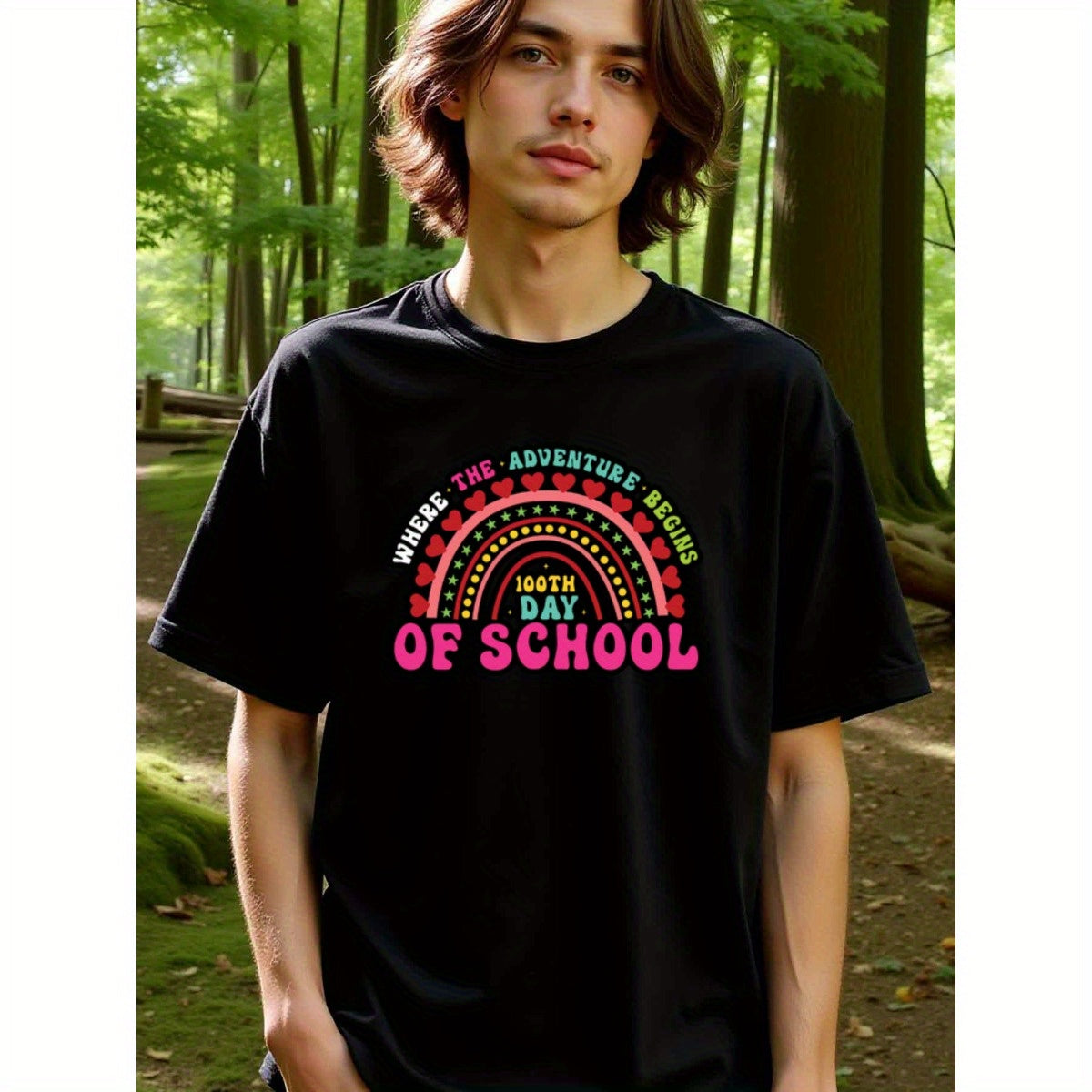 natee local warehouse clearance 100th Day of School Adventure Rainbow Hearts T-shirt, 100% Cotton Fabric,Crew Neck,Short Sleeve,Regular Fit,All-season casual wear for man and teens-perfect for running, hiking, the beach, and parties Christian festival Tha
