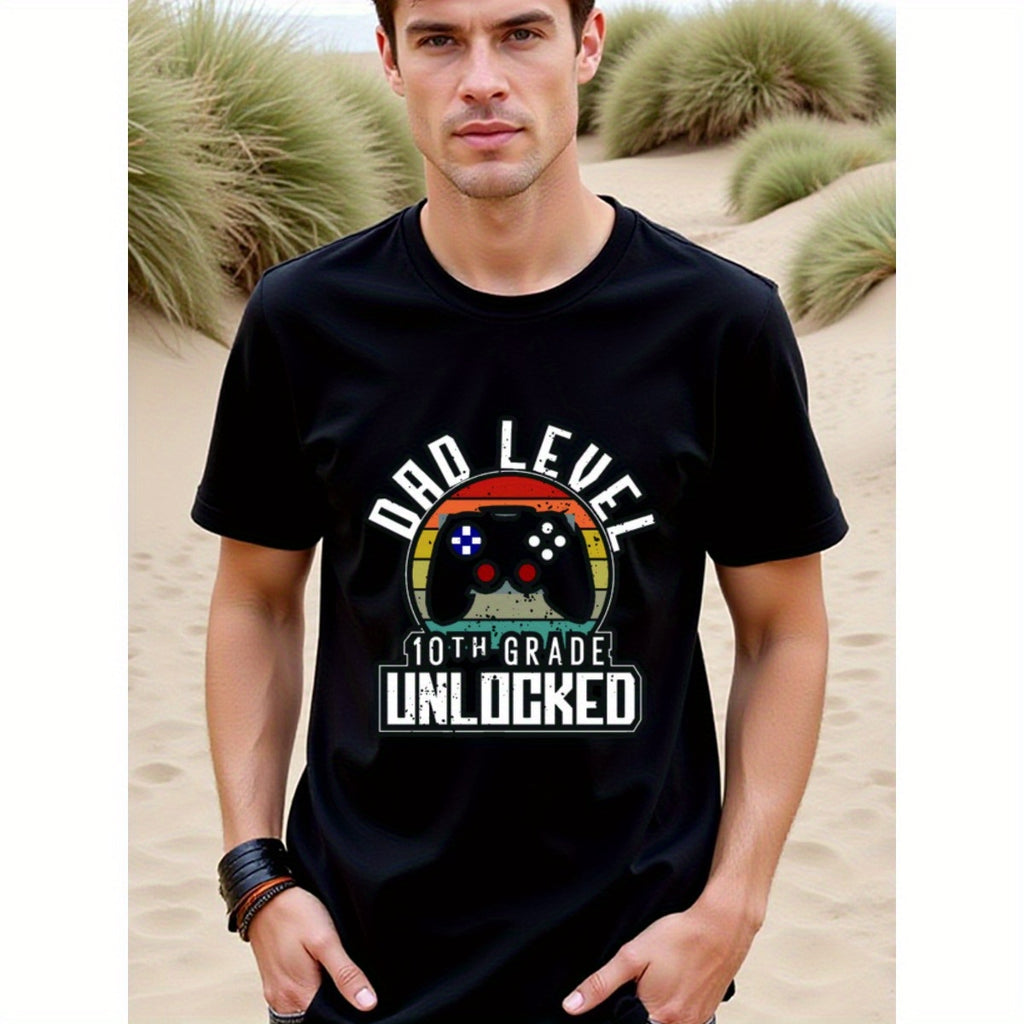 natee local warehouse clearance 10th Grade Dad Level Unlocked Gamer T-shirt, man's T-Shirt,100% Cotton Fabric,Crew Neck,Short Sleeve,Regular Fit,All-Season Casual Wear,180gsm-Ideal For Summer Holiday Gift, 男t