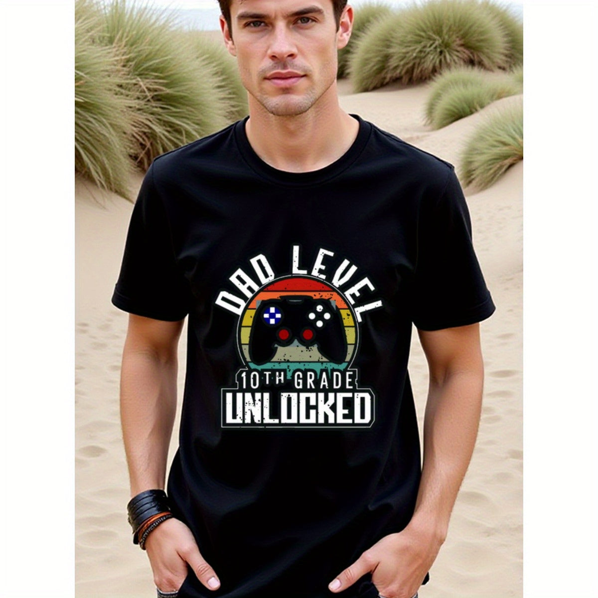 natee local warehouse clearance 10th Grade Dad Level Unlocked Gamer T-shirt, man's T-Shirt,100% Cotton Fabric,Crew Neck,Short Sleeve,Regular Fit,All-Season Casual Wear,180gsm-Ideal For Summer Holiday Gift, 男t
